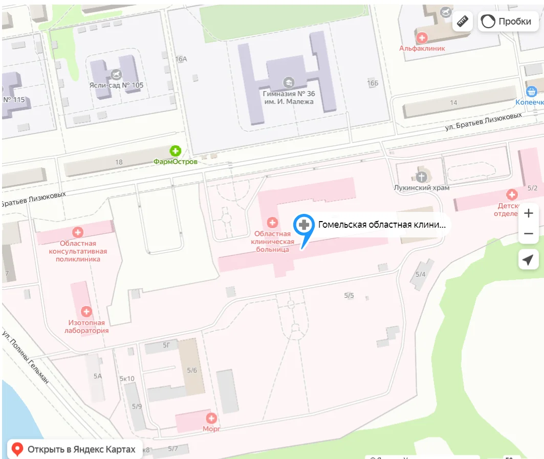 Карта расположения учреждения "Гомельская областная клиническая больница"